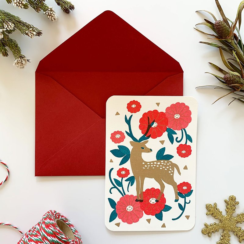 冬のグリーティングカード 封筒set -鹿さん- - 心意卡/卡片 - 紙 紅色