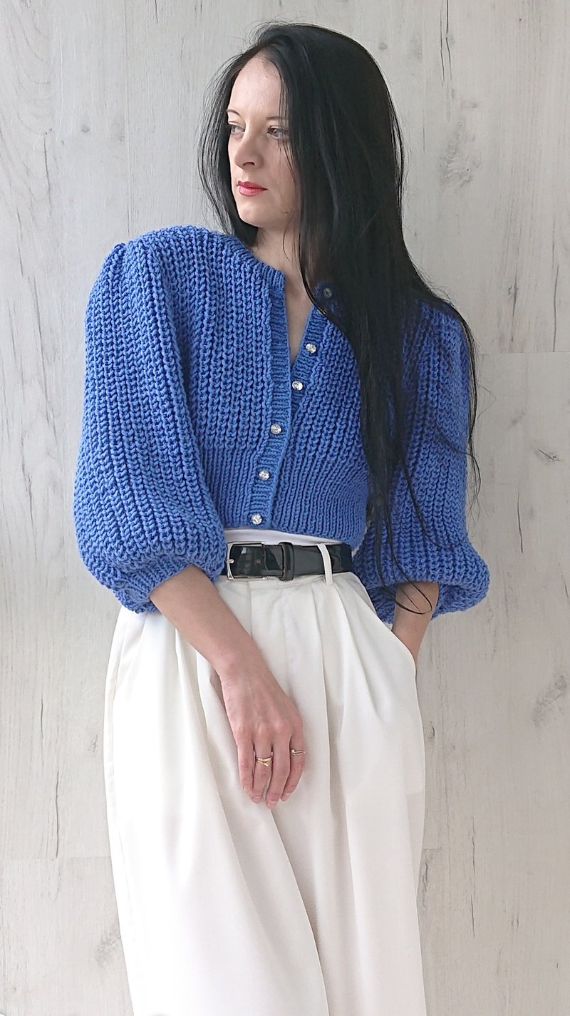 Button sweater top Short sleeve cardigan Crop knit jacket Blue blouse for women - 女毛衣/針織衫 - 羊毛 