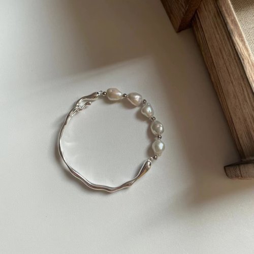 YuanPearl園珍手作 Yuan design 天然巴洛克極光珍珠925通體銀手鐲簡約獨特百搭小眾