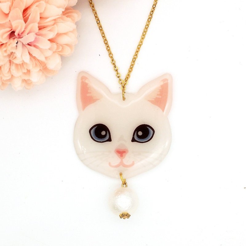 Meow handmade cat and cotton pearl necklace - white cat - Necklaces - Acrylic White