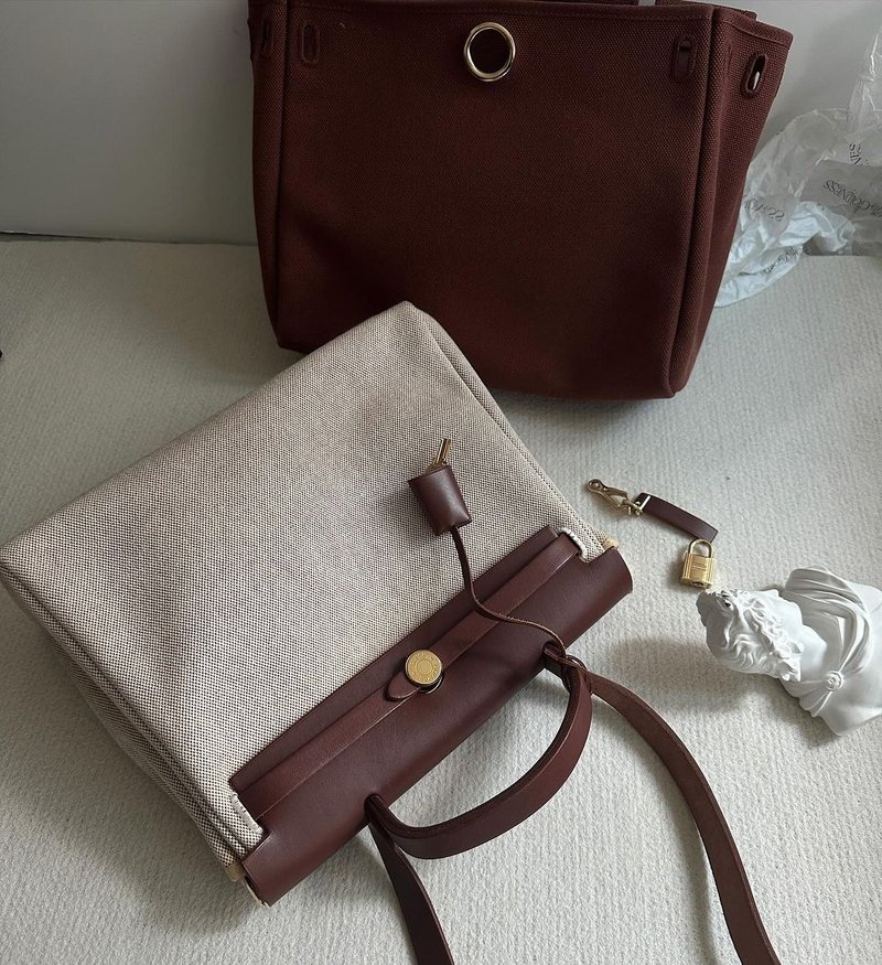 中古包 愛馬仕Hermes 啡皮金扣herbag - 手提包/手提袋 - 真皮 卡其色