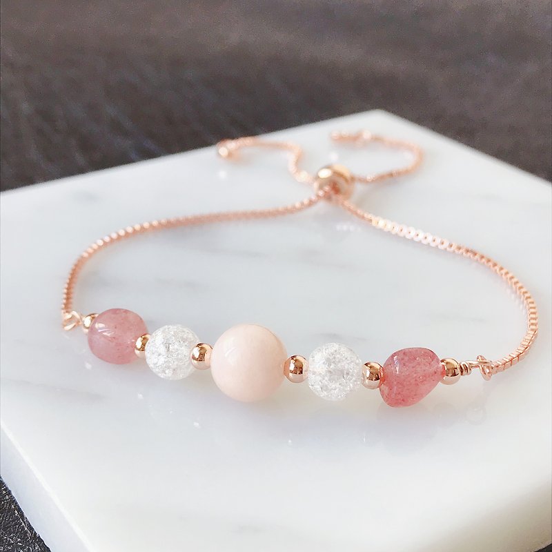 Strawberry crystal morganite ice cracked white crystal adjustable strap bracelet girlfriend gift birthday gift - Bracelets - Crystal Pink