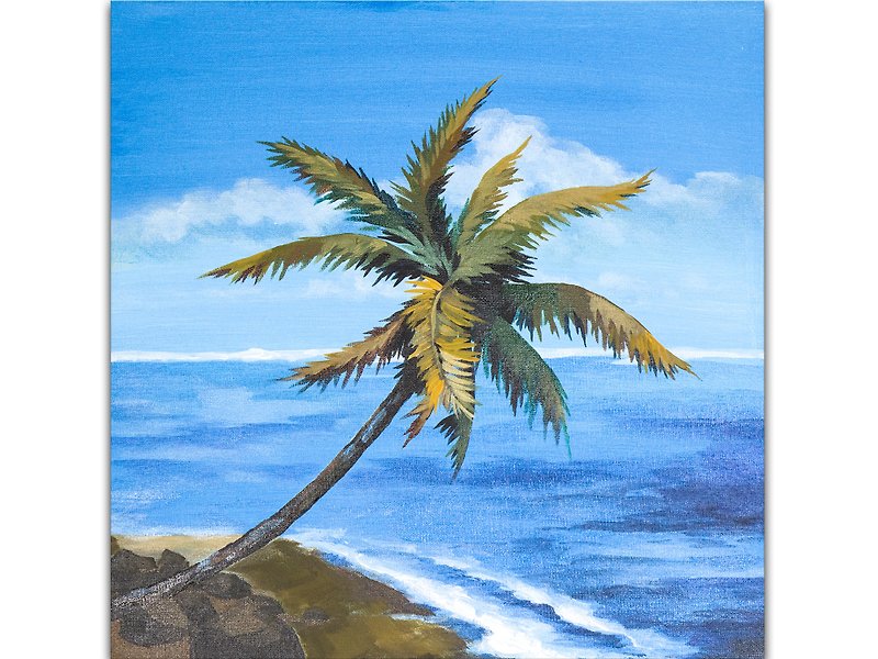 Beach Painting Palm Tree Original Art Seascape Acrylic Hand-Painted - 海報/掛畫/掛布 - 其他材質 藍色