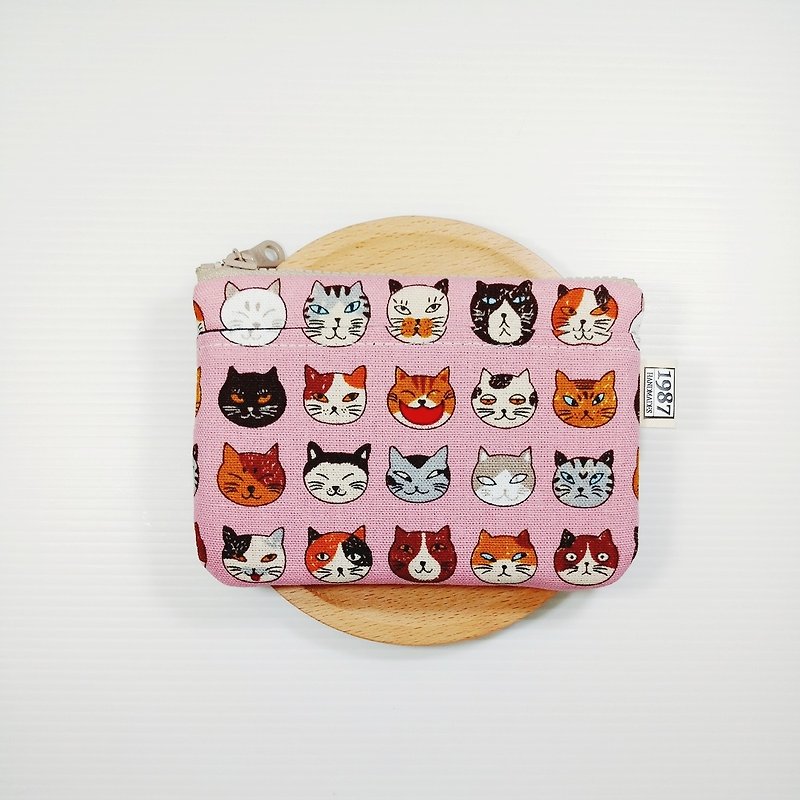 【小花貓-粉】 零錢包 手拿包 隨身包 拉鏈袋 聖誕交換禮物 - 手拿包 - 棉．麻 粉紅色