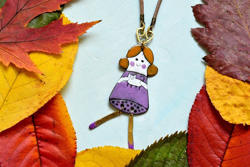 Copy Girl and cat necklace, Cat fan necklace, Cat necklace, Enamel necklace,  - Necklaces - Enamel Purple