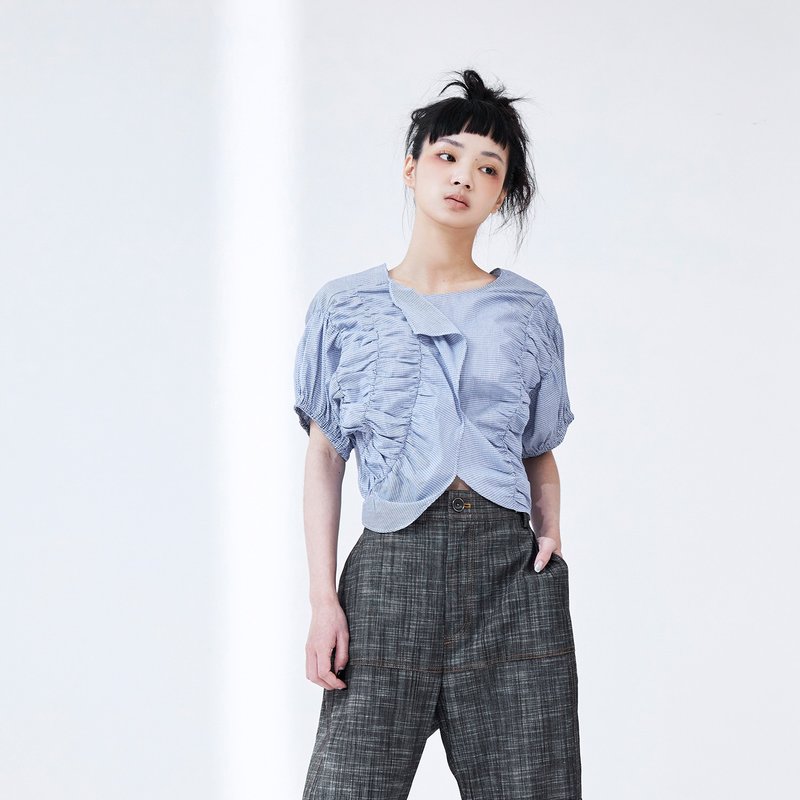 不對稱立體抽皺短上衣 - 女上衣/長袖上衣 - 棉．麻 藍色