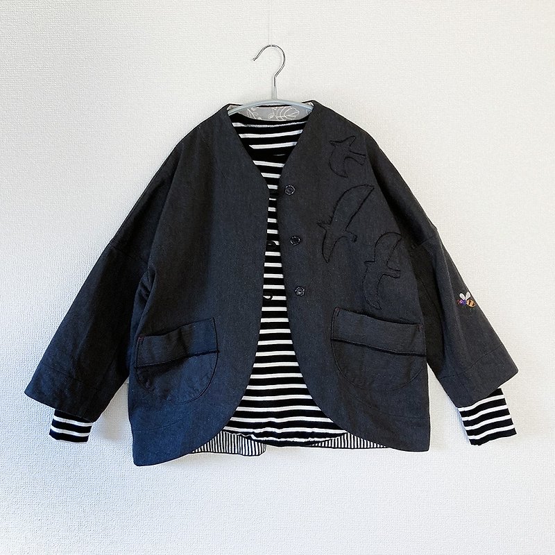 honakana applique cotton linen jacket - เสื้อแจ็คเก็ต - ผ้าฝ้าย/ผ้าลินิน สีดำ
