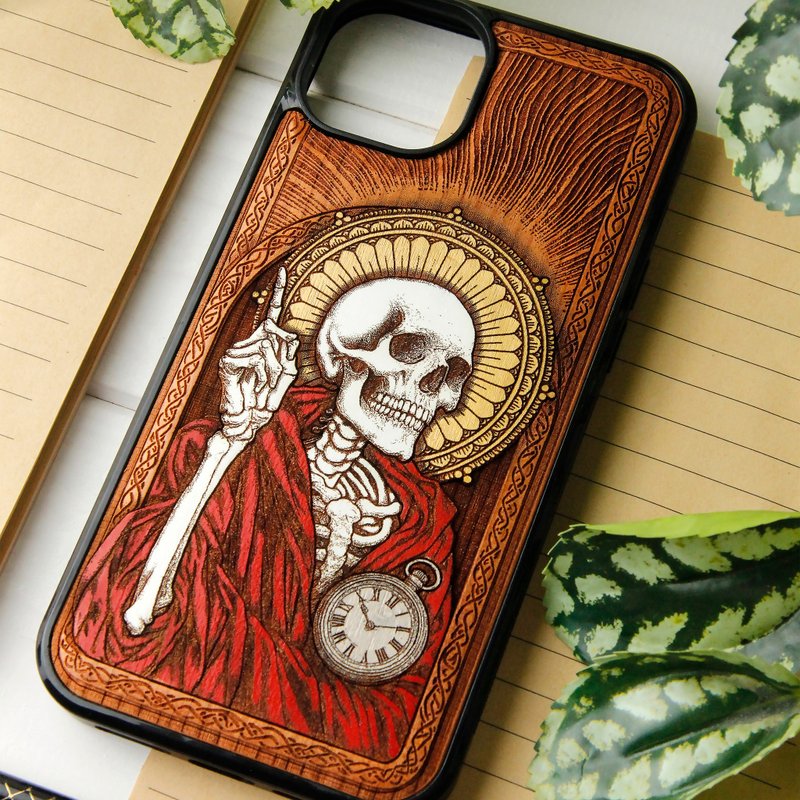 In Time To Die -  Phone case wood laser engraved + hand painting - 手機殼/手機套 - 木頭 咖啡色