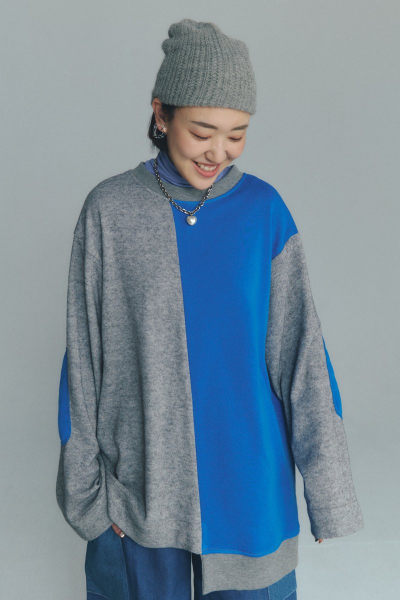 Irregular patchwork sleeve patch long-sleeved top - Women's T-Shirts - Other Materials Blue