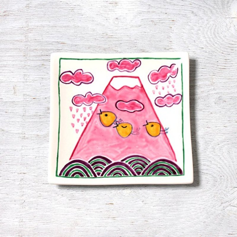 Pop Mt. Fuji and wave plover (autumn) square plate - จานเล็ก - ดินเผา 