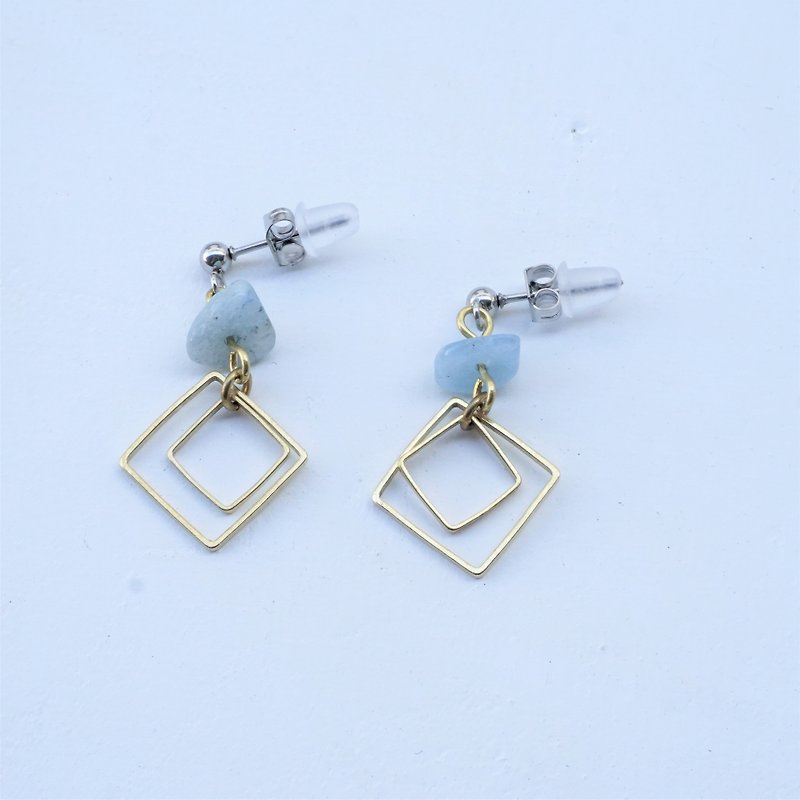 << Double Frame - Aqua Blue Agate >> Sensitive 316 Steel Ear Pins Simple Geometric Pattern - Earrings & Clip-ons - Gemstone Blue