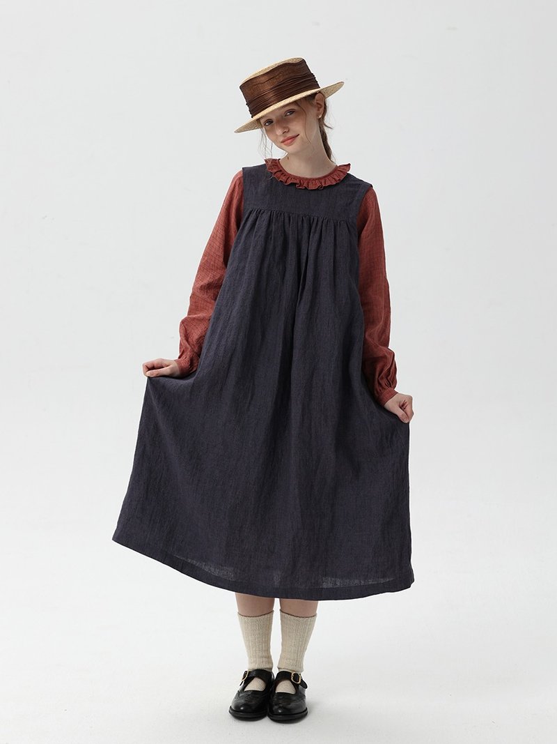 Gray linen retro loose front and back two-way retro high waist dress - ชุดเดรส - ผ้าฝ้าย/ผ้าลินิน สีน้ำเงิน