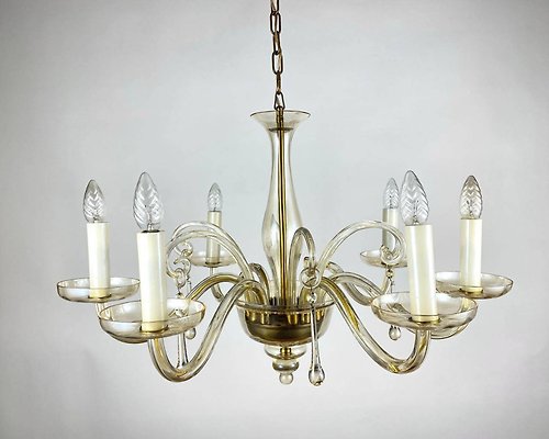 HappyDuckVintage 可愛的復古枝形吊燈|6 燈泡 |穆拉諾玻璃和金屬吸頂燈