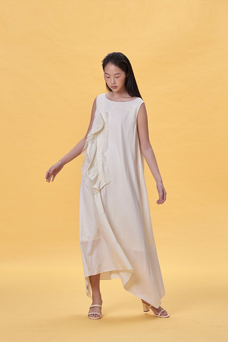 前單邊荷葉Butterfly洋裝-米色 - 洋裝/連身裙 - 棉．麻 黃色