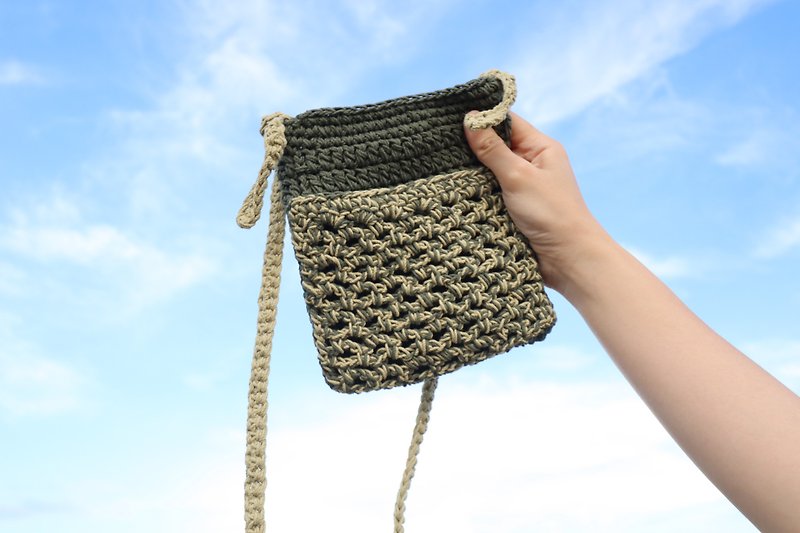 手工編織包-雙層吐司斜背袋 - 側背包/斜孭袋 - 棉．麻 綠色