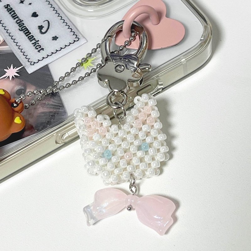Ribbon Kitty Cat Beads Keyring - Pearl White - 鑰匙圈/鑰匙包 - 壓克力 多色