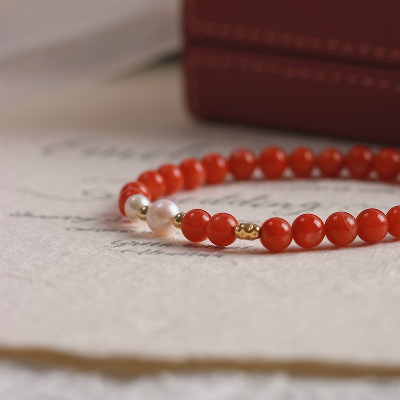老坑料小米珠川料南紅瑪瑙單圈設計款手鏈 - 手鍊/手環 - 珍珠 紅色