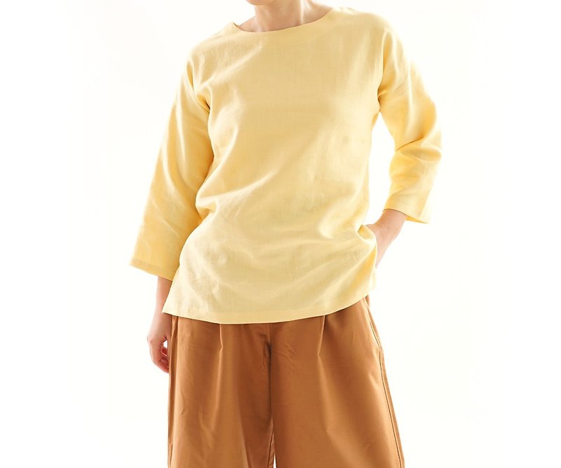 Linen crew neck Side slit Drop shoulder / Jouneu Pileu t001g-jpy2 - Women's Tops - Cotton & Hemp Yellow