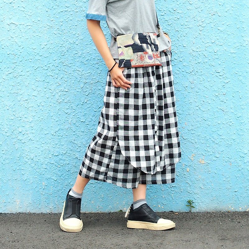 Maverick Village handmade cotton and linen trousers skirt wild [black and white checkerboard] C-19 sold out does not make up - Women's Pants - Cotton & Hemp Black