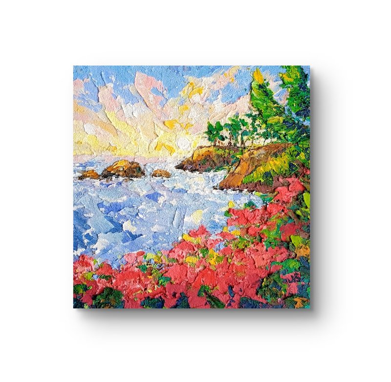 Beach Flower Painting Hawaii Original Art Palm Tree Seascape Oil Painting - ตกแต่งผนัง - โลหะ 