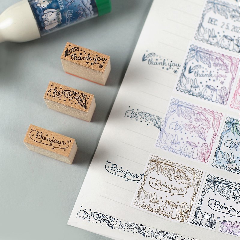 [Mini Mini Stamp Set of 3] Combined with rotating date stamp, also for notebooks and message cards Thank you Bluebell Lily of the Valley Flower Bonjour - ตราปั๊ม/สแตมป์/หมึก - ยาง สีกากี