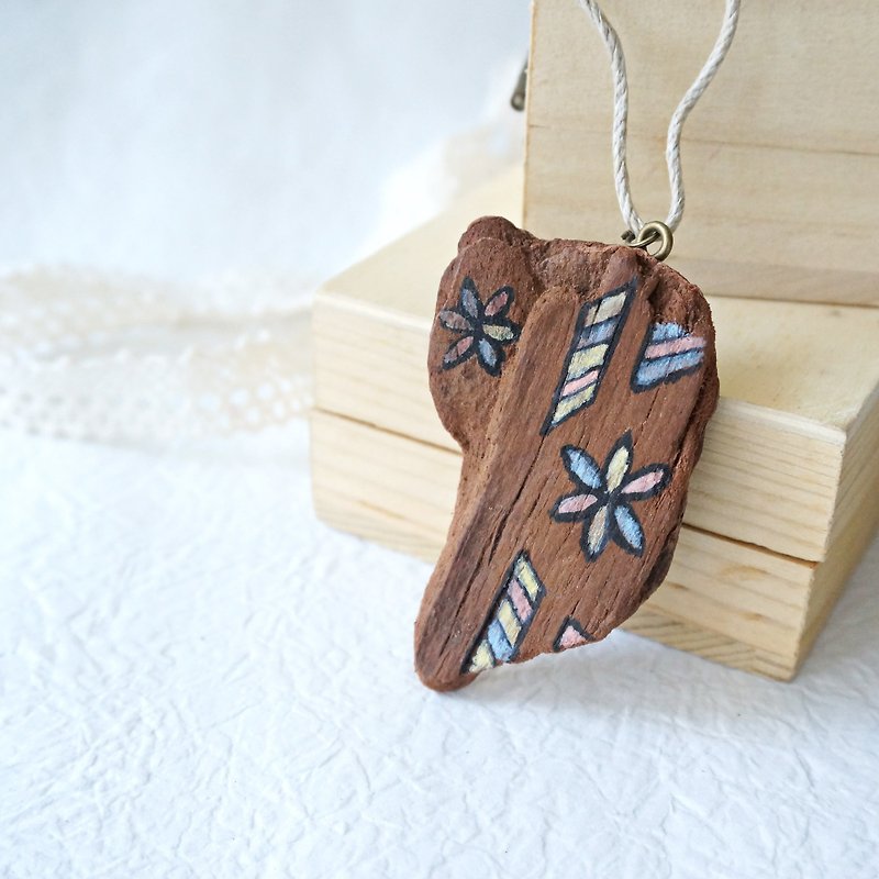Upcycling Necklace, Natural, Wood piece, Free hand drawing, Zen drawing, Eco - Blue, Pink, Yellow - สร้อยติดคอ - ไม้ สีนำ้ตาล