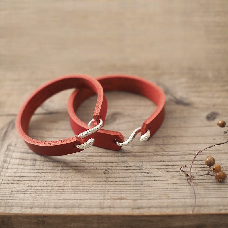 2 pieces set / Red) Snake hook leather pair bracelet - Bracelets - Genuine Leather Red