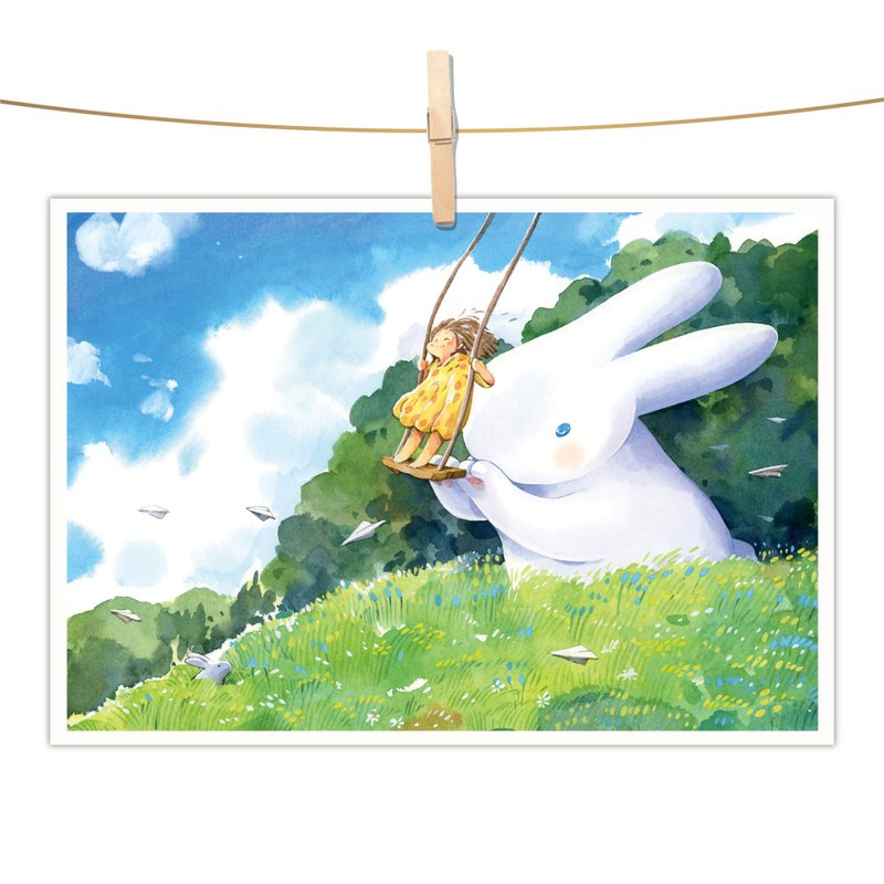 afu水彩插畫明信片 - 草原上的藍天白雲 - 卡片/明信片 - 紙 藍色
