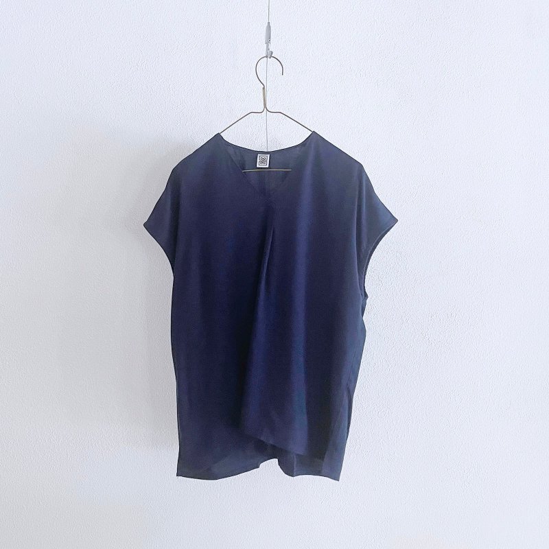 V-neck off-shoulder top-navy blue - Women's Tops - Cotton & Hemp Blue