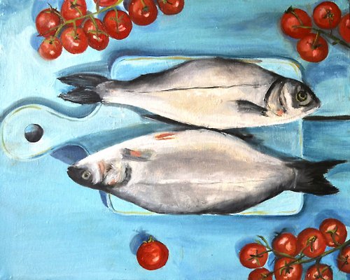 奥利弗卡纳特 Fish Original Painting Kitchen Oil Artwork 鱼 Fish Art Tomato Artwork