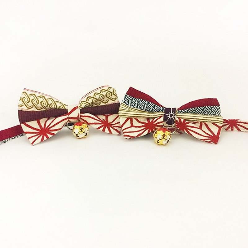 Japanese retro pattern bow pet decoration collar cat small dog mini dog - ปลอกคอ - ผ้าฝ้าย/ผ้าลินิน สีแดง