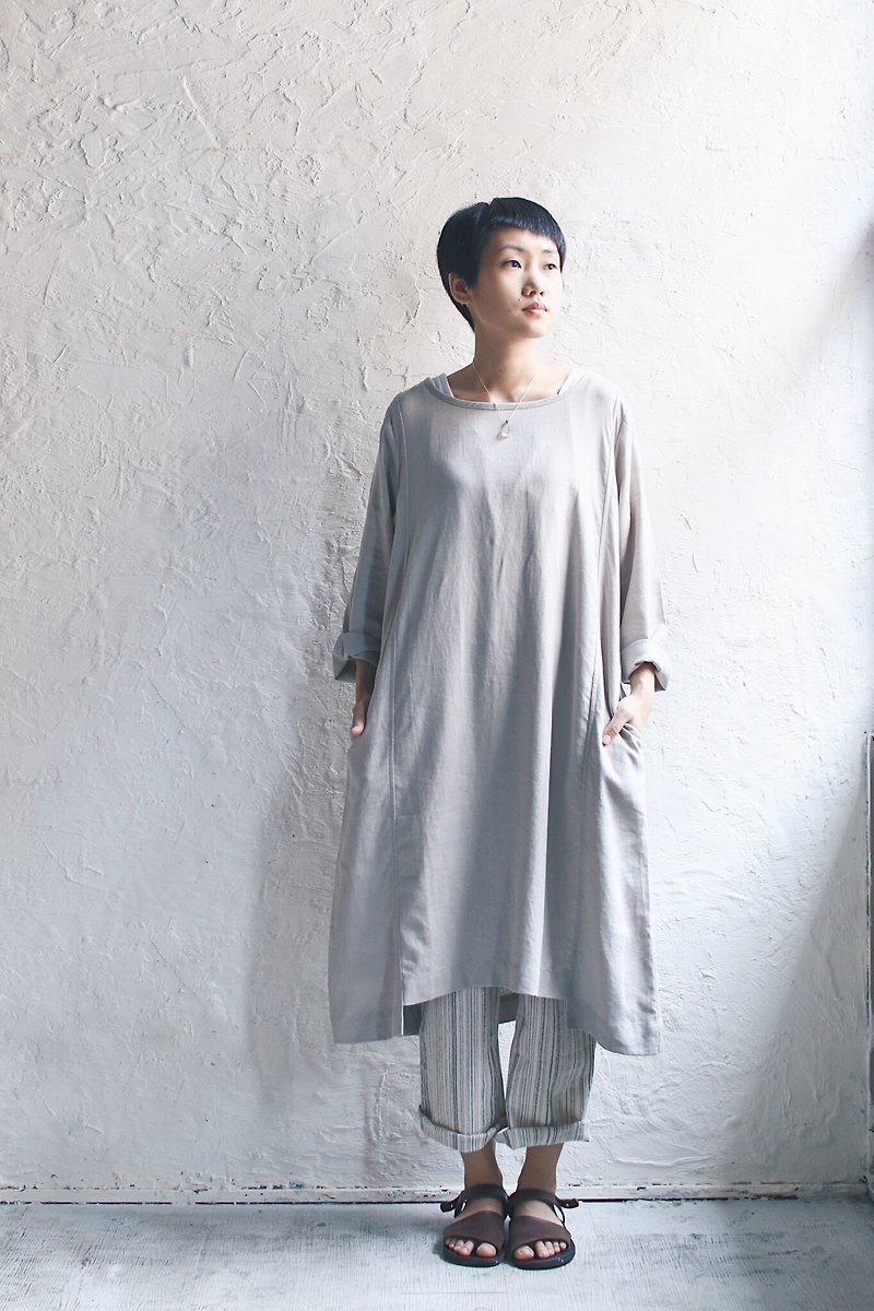 OG flax cotton dress both splice long plate (off-white) - ชุดเดรส - ผ้าฝ้าย/ผ้าลินิน ขาว
