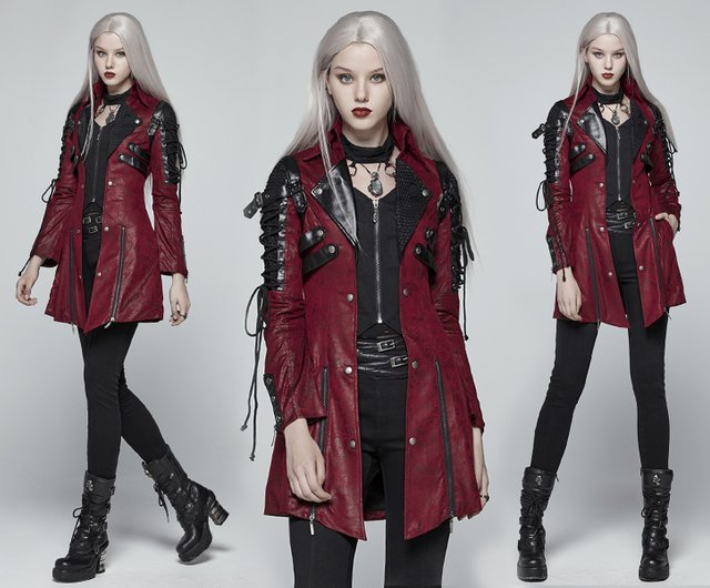 Punk Rock High Collar Long Coat - Red / Black / Couple Style