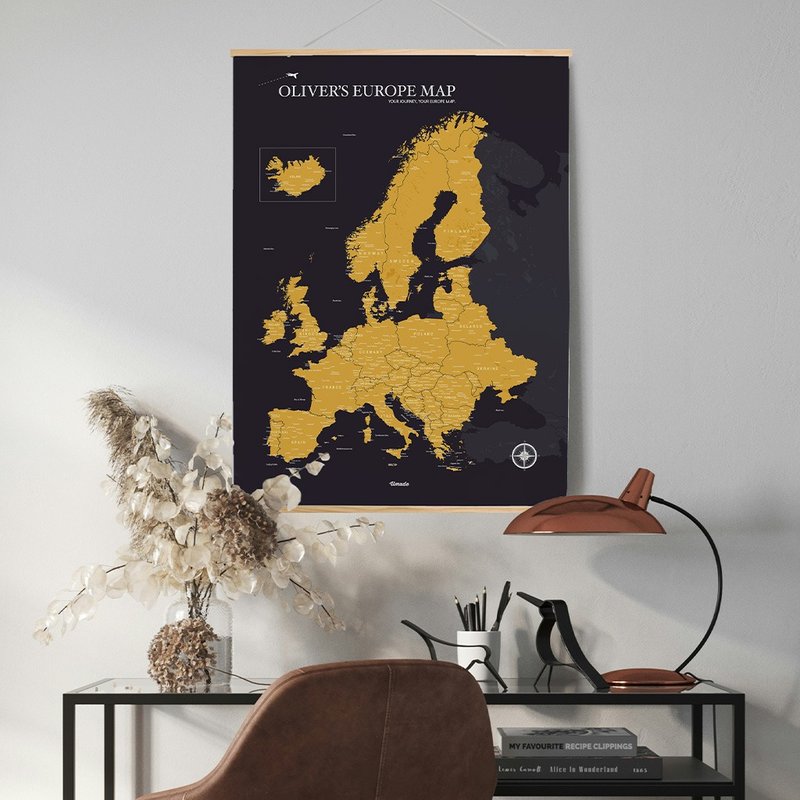 Customized Europe Map Poster (With Wood Frame)- Matte Black - โปสเตอร์ - กระดาษ สีดำ