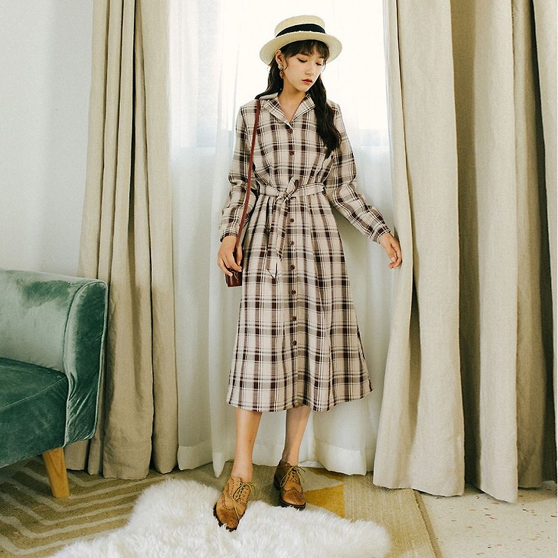 2018 autumn women's new products with belt plaid long dress YTQ8880 - One Piece Dresses - Other Materials 