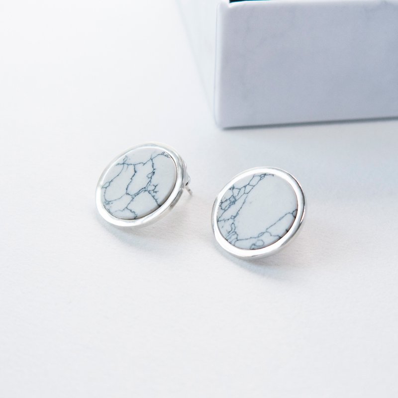 WHITE HOWLITE SILVER CIRCLE EARRINGS 02 - Earrings & Clip-ons - Sterling Silver Silver