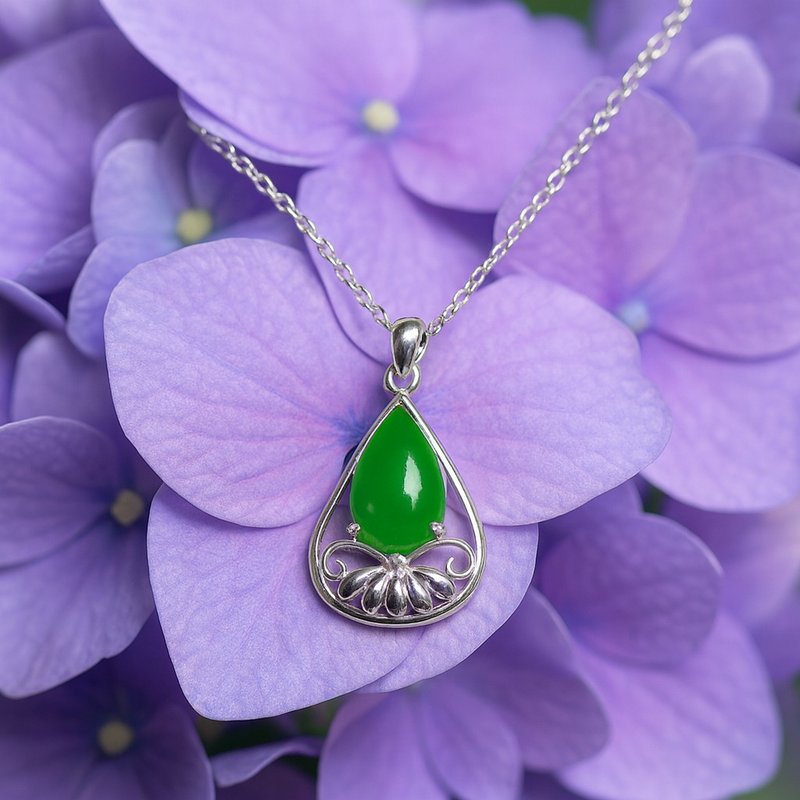 綻放 玉 墜子 天然碧玉 A貨 925 鈍銀 母親節 情人節 禮物 - 項鍊 - 玉石 綠色