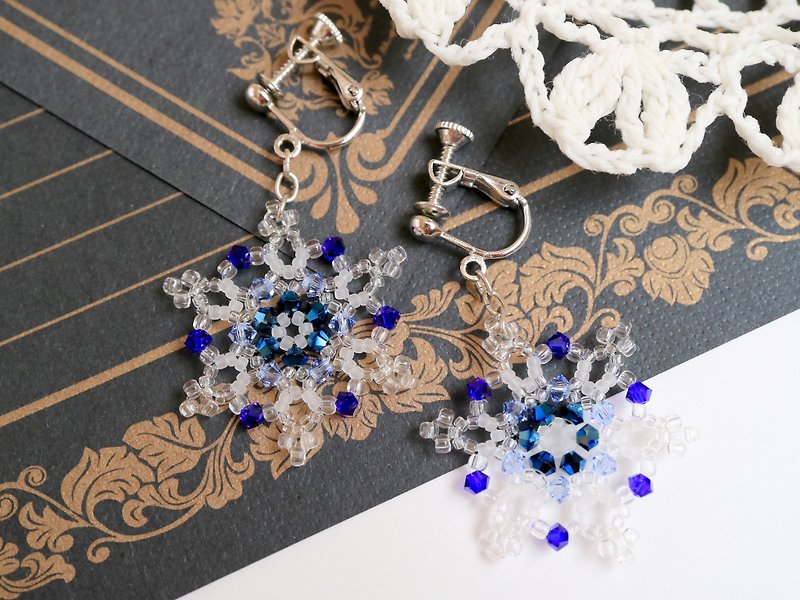 Snowflake Clip-On Delicate Austrian Crystal Snowflake Snow Snow Crystal Winter Elegant Christmas Blue Classic Blue Crystal Glass - Earrings & Clip-ons - Glass Blue