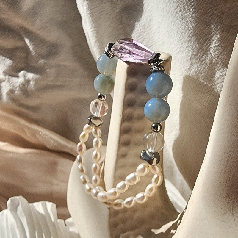 氤氳 鈦鋼粉藍歐泊海膽紫水晶天然淡水珍珠彈性彈力手環 - 手鍊/手環 - 水晶 