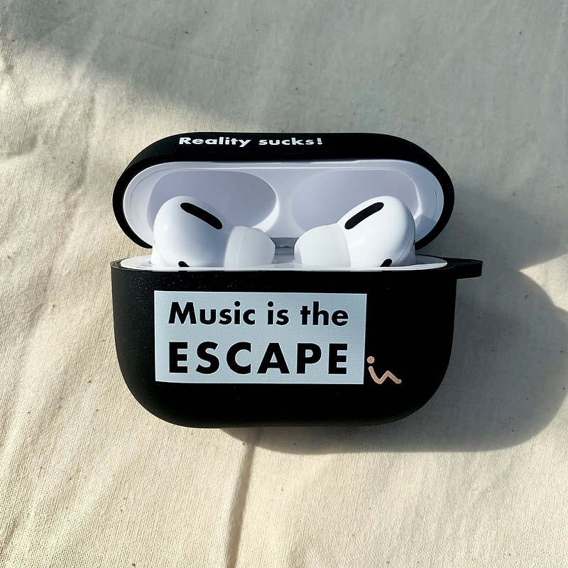Escape the reality in music Black matte soft shell AirPods Pro earphone protective cover earphone shell - หูฟัง - ยาง สีดำ