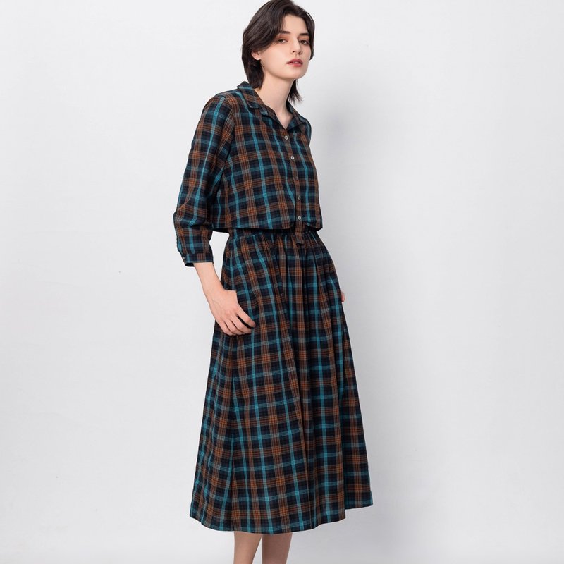 【MEDUSA】Peacock Plaid Layered Shirt Long Dress - One Piece Dresses - Cotton & Hemp Blue