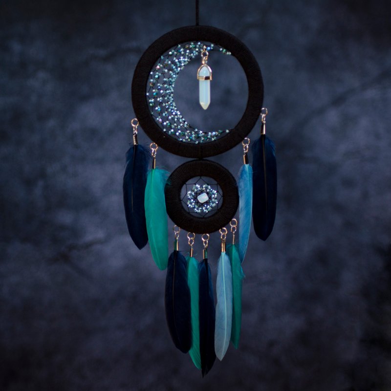 Crescent moon dream catcher with moonstone crystal, Black half moon dreamcatcher - 壁貼/牆壁裝飾 - 寶石 