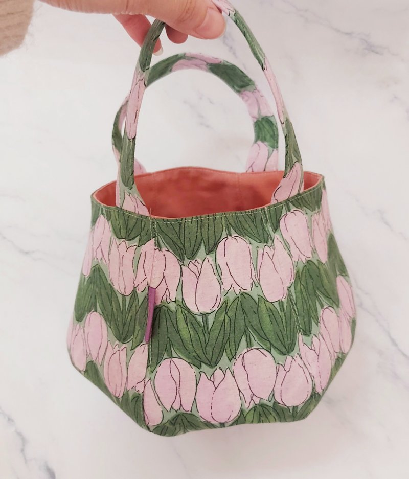 Leodoodoo [Pumpkin Bag] Pumpkin Handbag-Handbag-Outing Bag-Pink Tulip - กระเป๋าถือ - ผ้าฝ้าย/ผ้าลินิน สึชมพู