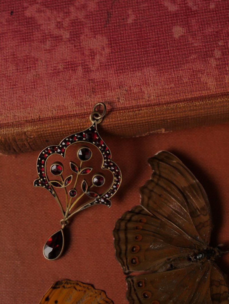 1890s Czech almandine flower Stone pendant - สร้อยคอ - เงินแท้ สีแดง