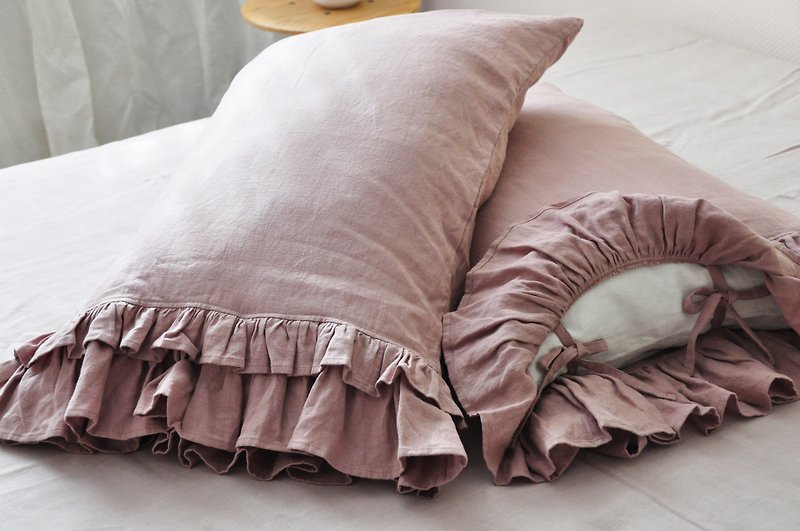 70 colors linen pillowcase with double ruffles on one side | Custom size cover - 枕頭/咕𠱸 - 亞麻 多色