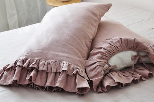 True Things 70 colors linen pillowcase with double ruffles on one side | Custom size cover