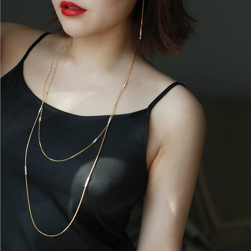 Miss Queeny original | small jingle double fresh natural pearl sterling silver long chain / necklace - สร้อยคอ - โลหะ สีทอง