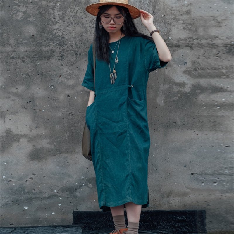 Smoke green 3-color plant-dyed mud-dyed Zen dress French retro linen dress robe - One Piece Dresses - Cotton & Hemp Green