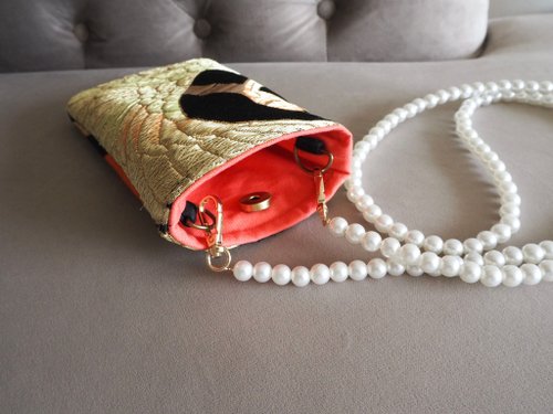 一点物】着物帯xスマホショルダーバッグ 帆布 個性的 パール