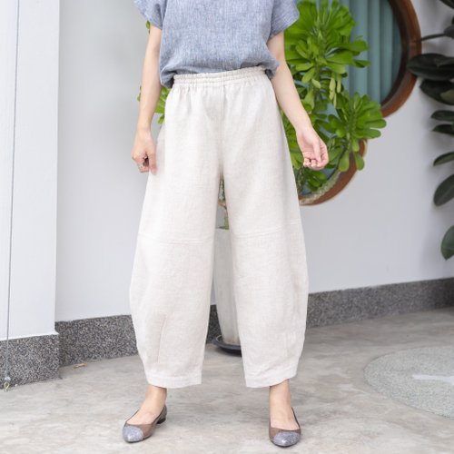 Candith Natural Linen Balloon Pants with Button Details at the Leg - Natural Color